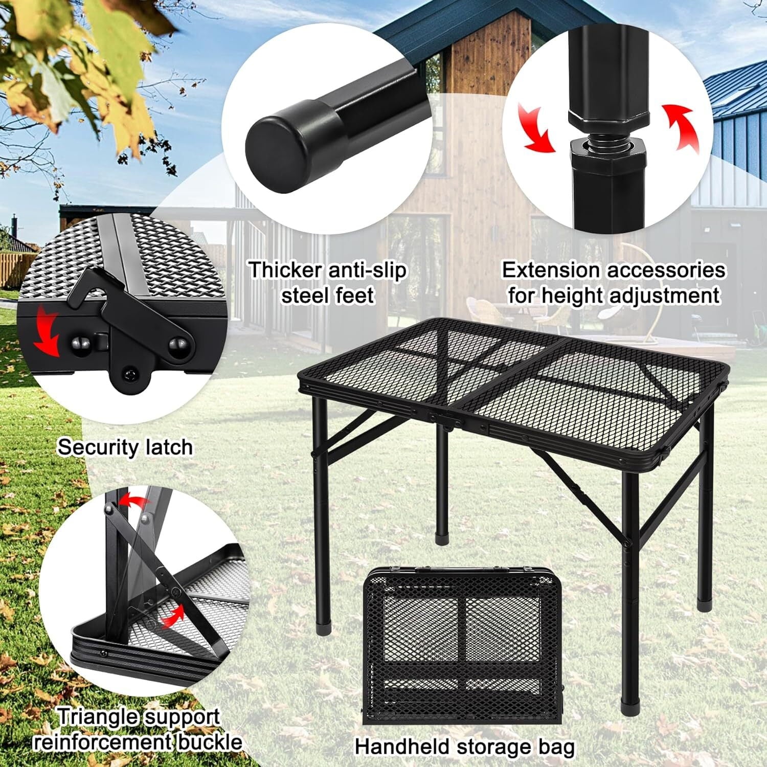 Tiagowell Lightweight Folding Grill Table with Mesh Desktop, Camping Table Folding Portable Camp Aluminum ,Picnic, Backyard, BBQ, Patio, Black