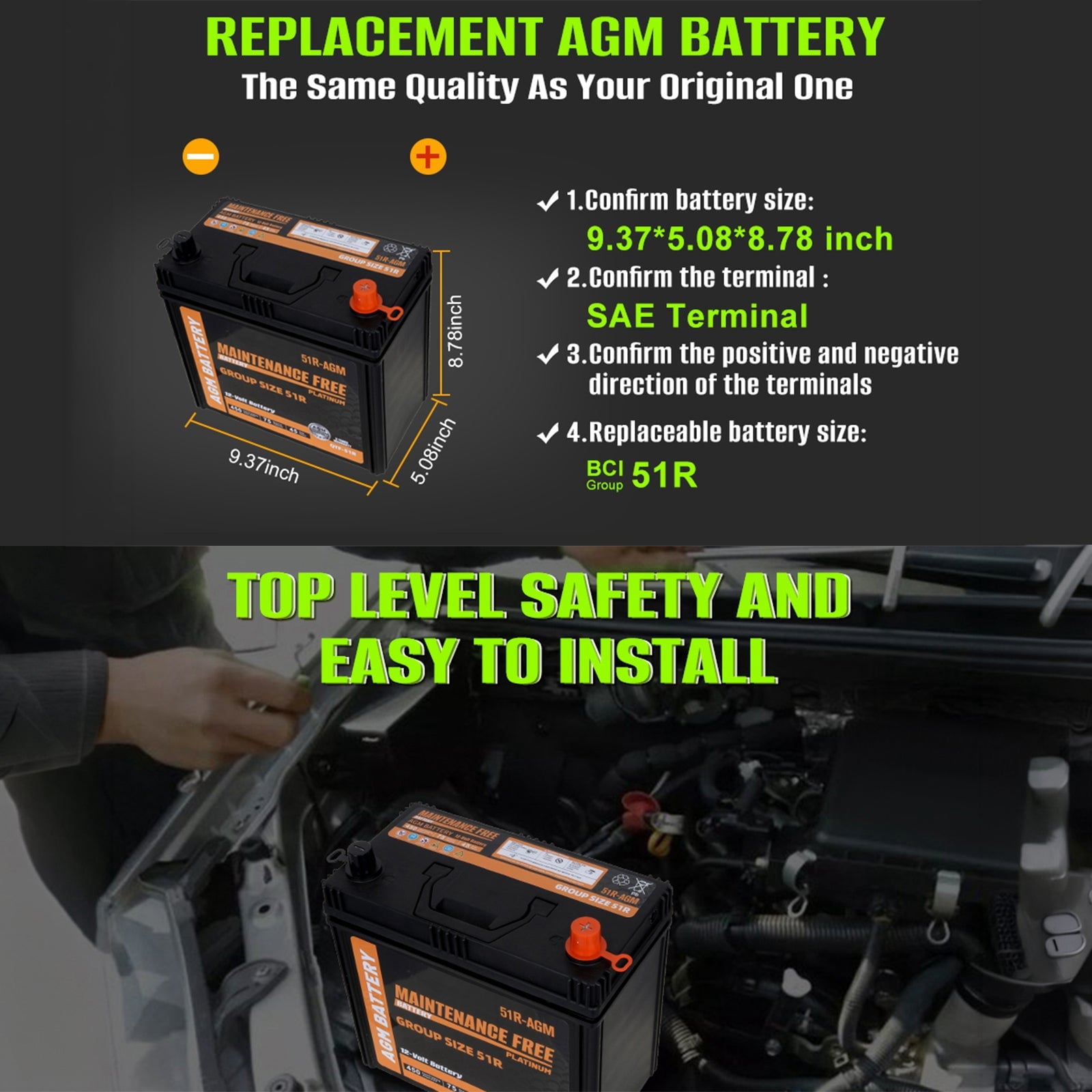 Anlibatt BCI Group 48 Battery, AGM 12 Volt Rechargeable Automotive Batteries for Car, H6 760CCA 70Ah 120RC, Maintenance Free
