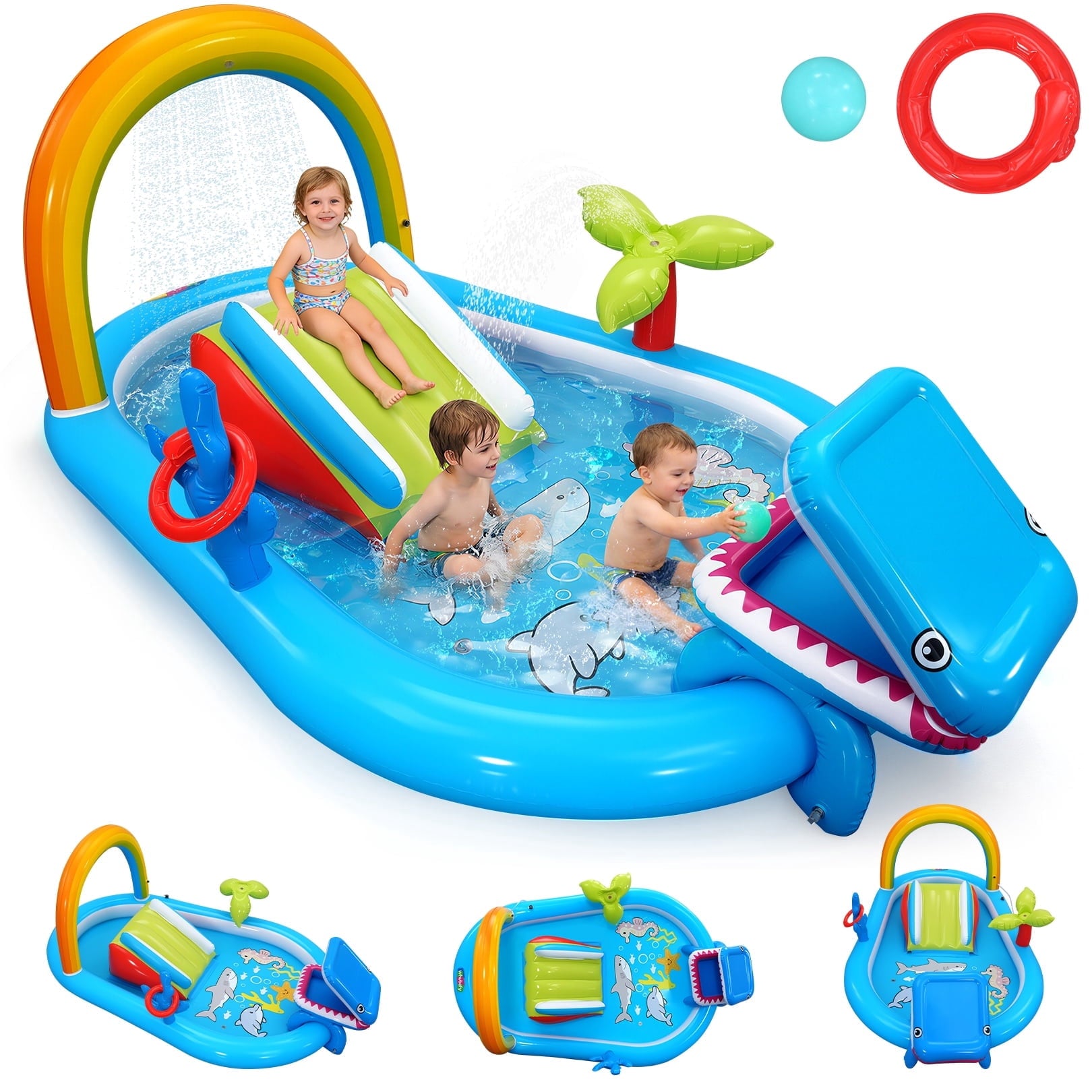 Qhomic 6-in-1 Inflatable Play Center with Pool, Indoor/Outdoor Water Park Pool with Water Slide, Shark-Shaped Ball Toss, Water Sprinklers, Ring Toss Game, and Powerful Pump, Dry & Wet Use