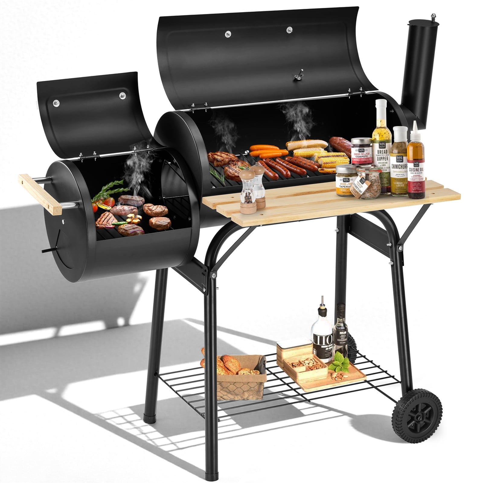 Segmart BBQ Charcoal Grill, 45.28-inch Length Portable Barbecue Grill, Offset Smoker Barbecue Oven with Wheels & Thermometer for Outdoor Picnic Camping Patio Backyard